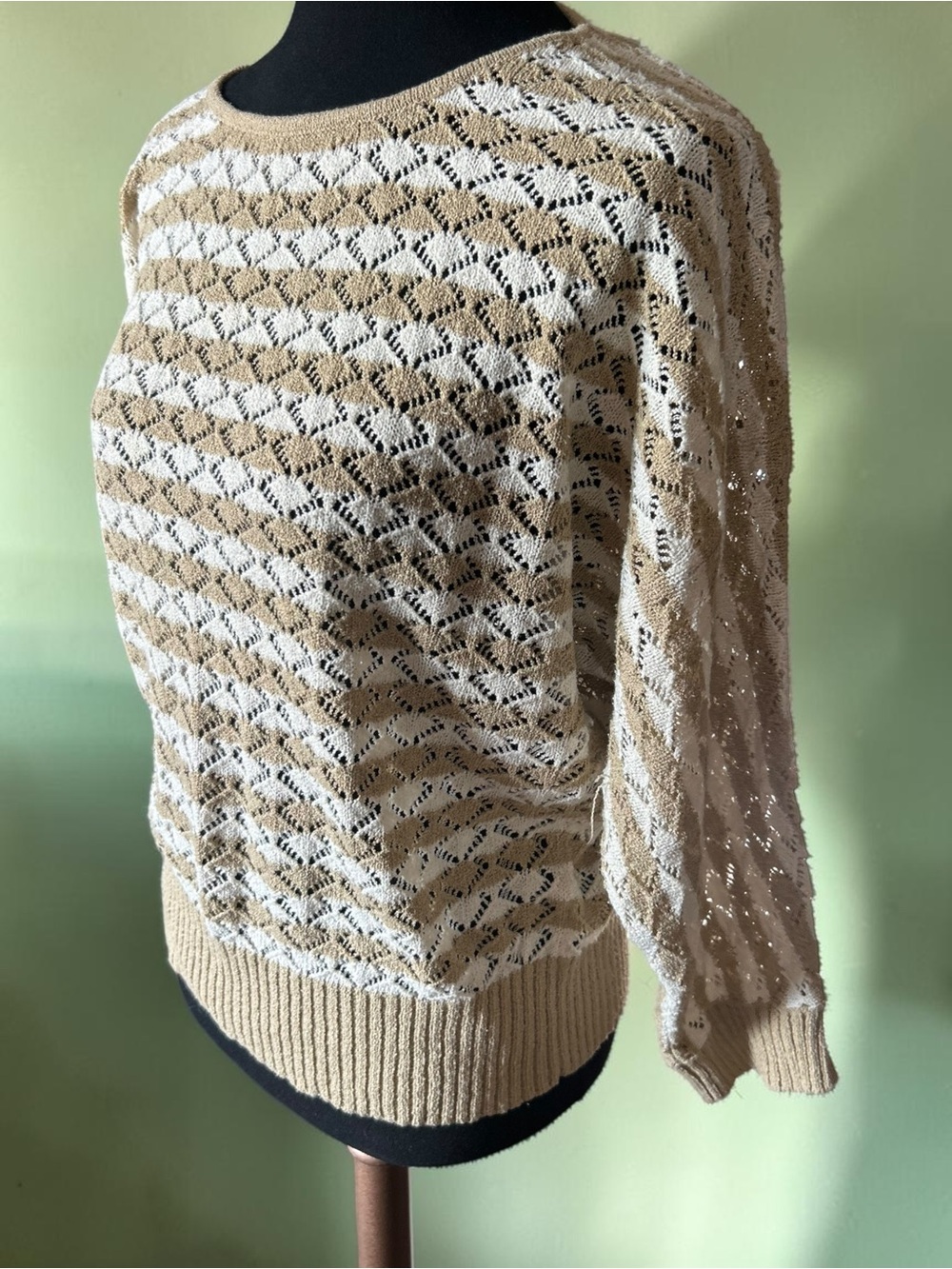 Vintage Caslon Open Knit Crochet Sweater Tan White Striped Batwing XL